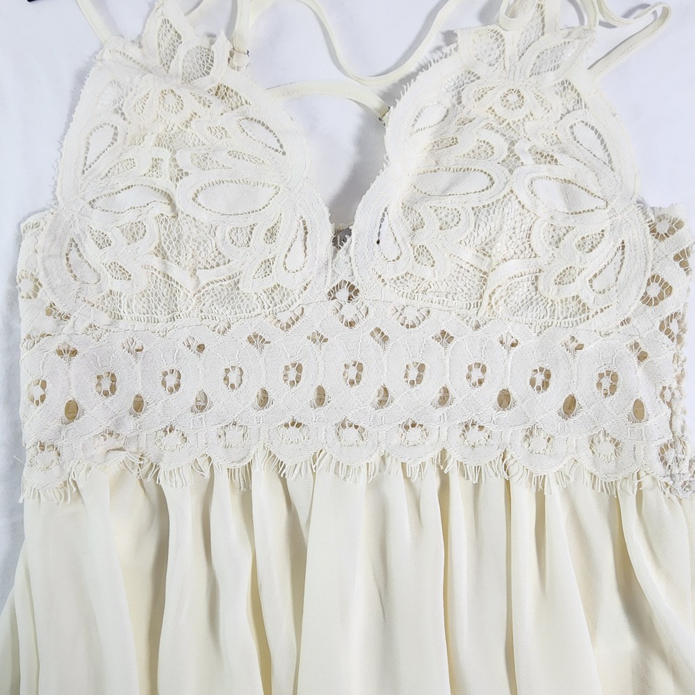 Womens Boho Lace Bodice Mini Dress Medium Cream Neutral Feminine Dainty Coquette - Picture 4 of 12